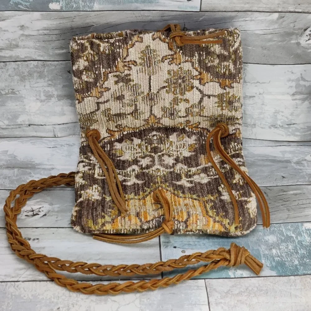 Small boho Crossbody Vintage Fold Over Bag Damask Fabric Braided Leather Strap